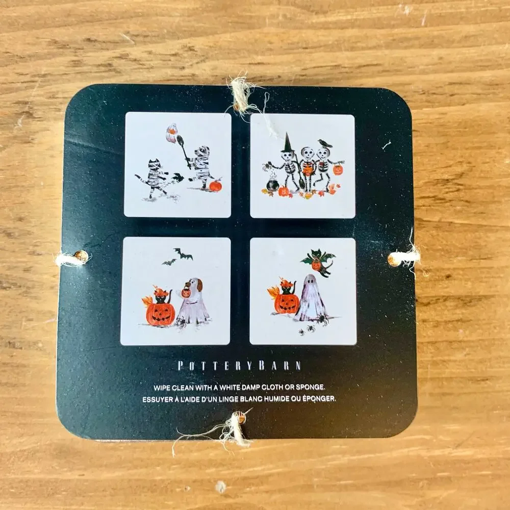 Pottery Barn Doug & Friends Coasters Cork Set of 4 Halloween Skeleton Ghost